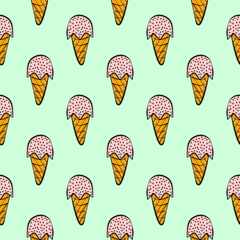 Ice cream in a cone,seamless pattern on green background. vector