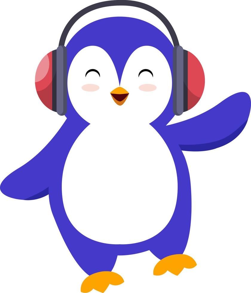 Penguin with headphone, illustration, vector on white background.