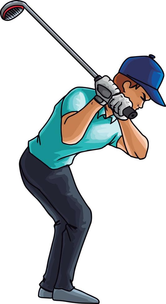 El jugador de golf se balancea con un palo de golf, ilustración, vector sobre fondo blanco.