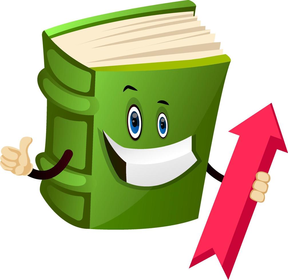 Cartoon book character is holding an arrow, illustration, vector on white background.