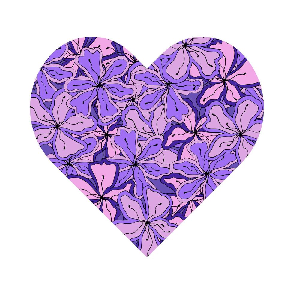 Heart shape from doodle flowers, pink and purple color, hand drawn. Love, Valentines Day, passion. Isolated, white background vector