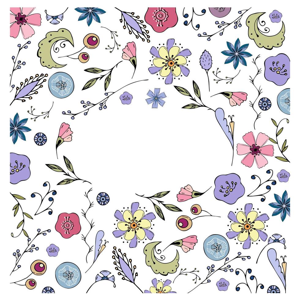 Frame with flowers, hand drawn doodle, empty space to insert text. vector