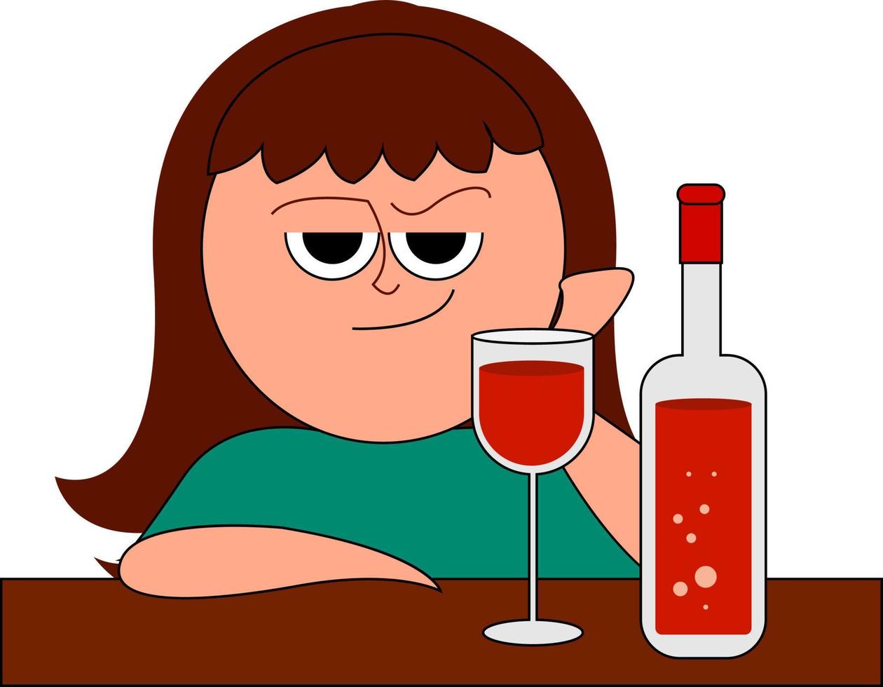 Chica borracha bebiendo vino, ilustración, vector sobre fondo blanco.