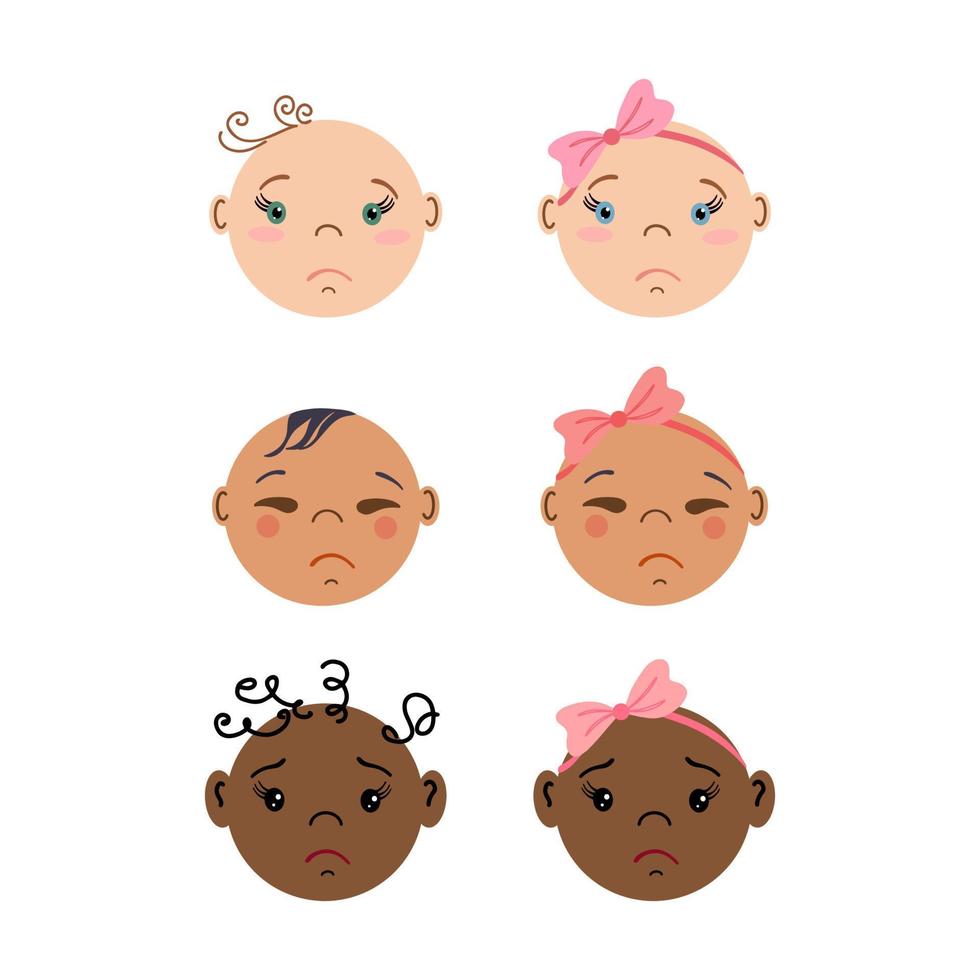 retratos frontales de recién nacidos llorosos. conjunto de caras de bebés multirraciales. niños y niñas diminutos. ilustraciones vectoriales dibujadas a mano de estilo plano. vector