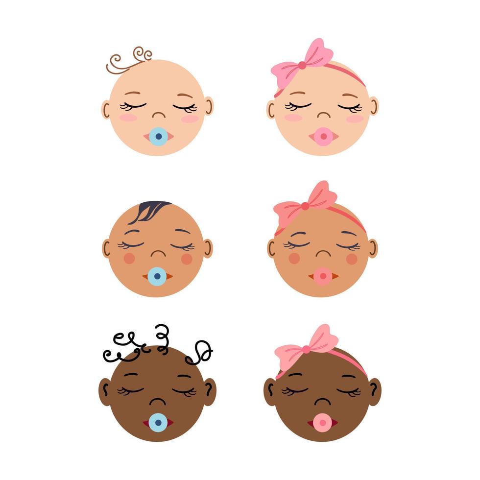 retratos frontales de recién nacidos dormidos. conjunto de caras de bebés multirraciales. niños y niñas diminutos. ilustraciones vectoriales dibujadas a mano de estilo plano. vector