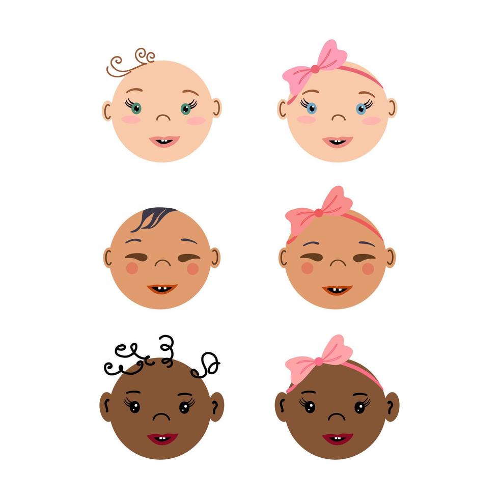 retratos frontales de recién nacidos sonrientes. conjunto de caras de bebés multirraciales. niños y niñas diminutos. ilustraciones vectoriales dibujadas a mano de estilo plano. vector