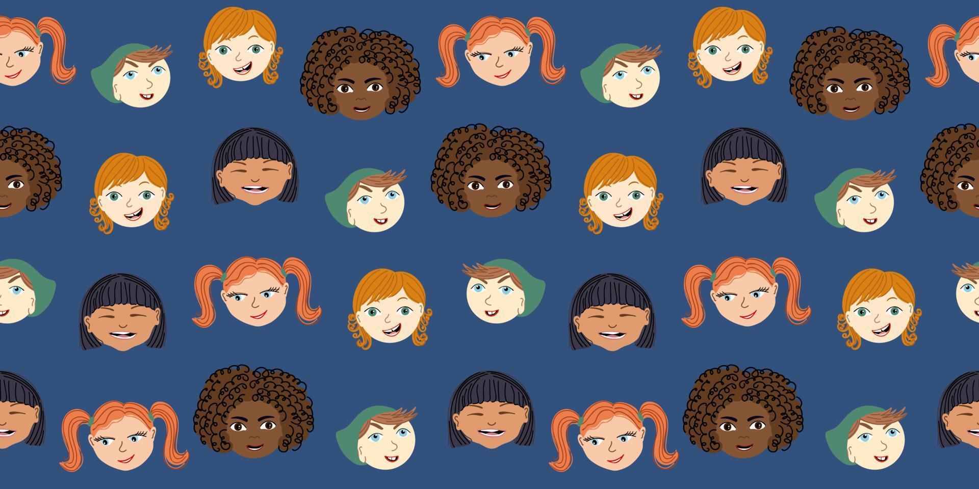 Seamless pattern with portraits of multiracial little kids.  Cute background with children faces. Flat style vector illustration.