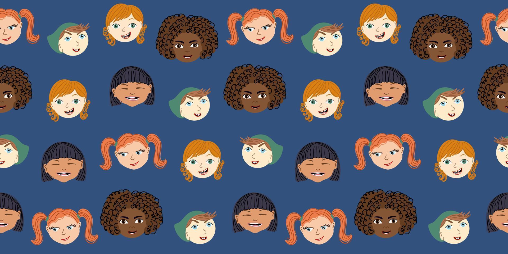 Seamless pattern with portraits of multiracial little kids.  Cute background with children faces. Flat style vector illustration.
