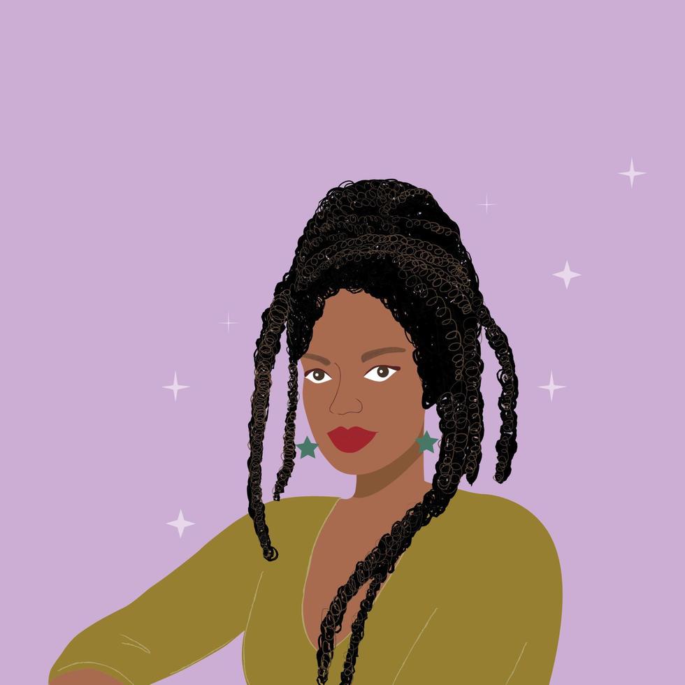 Portrait of young  African woman with beautiful afro hairstyle wearing yellow pullover and stars earrings. Avatar for a social network. Flat style vector illustration.