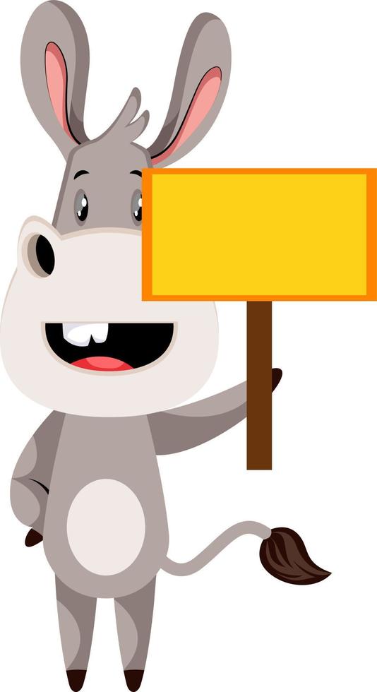 Donkey with blank sign, illustration, vector on white background.