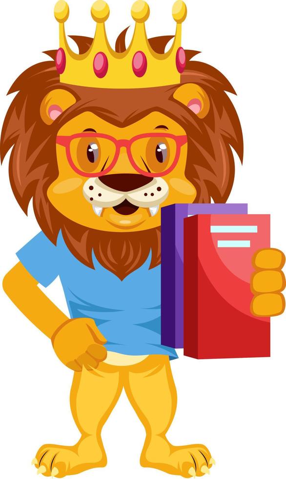 Lion with notebooks, illustration, vector on white background.