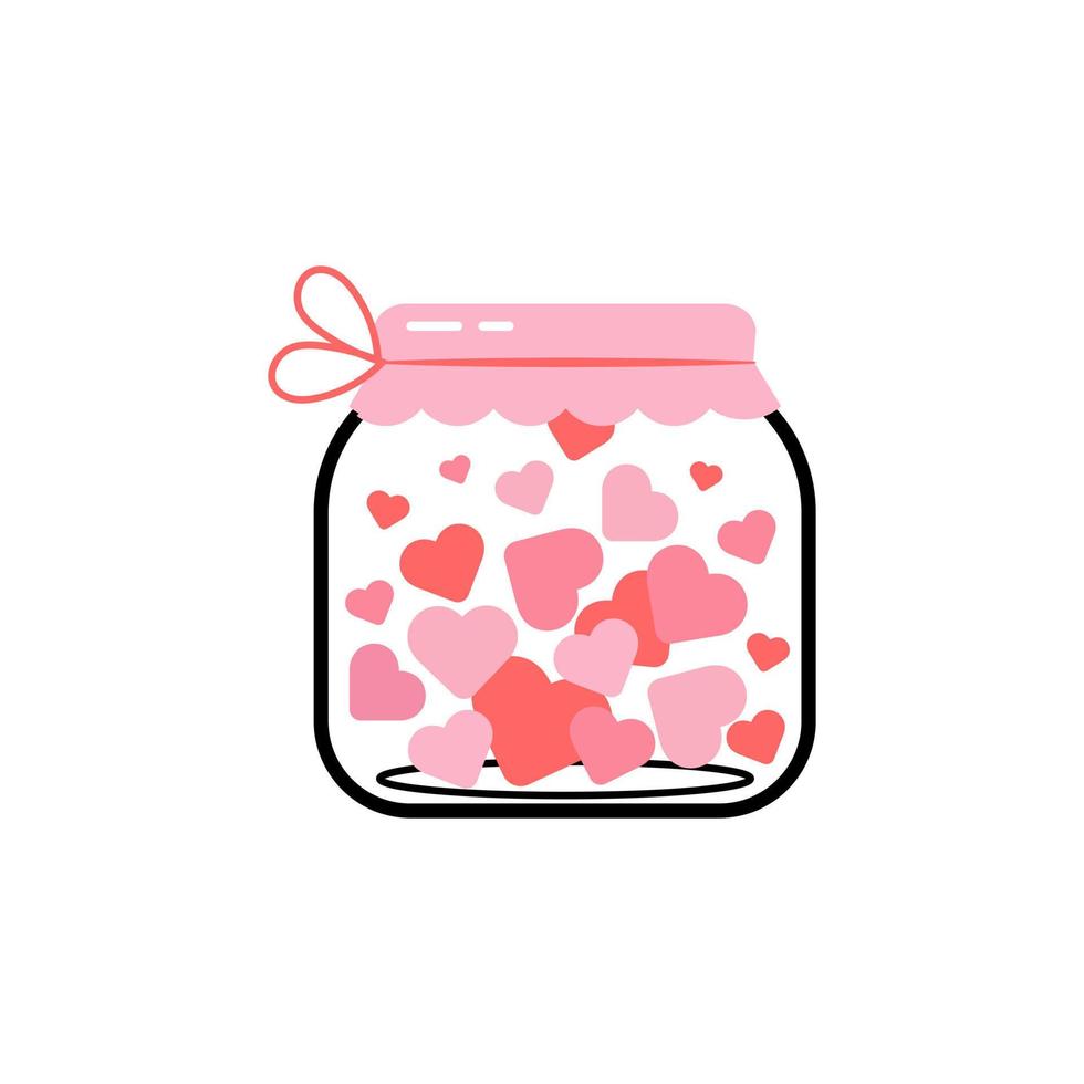 A charming jar with pink hearts for St. Valentine's Day. Vector illustration in line art and flat style