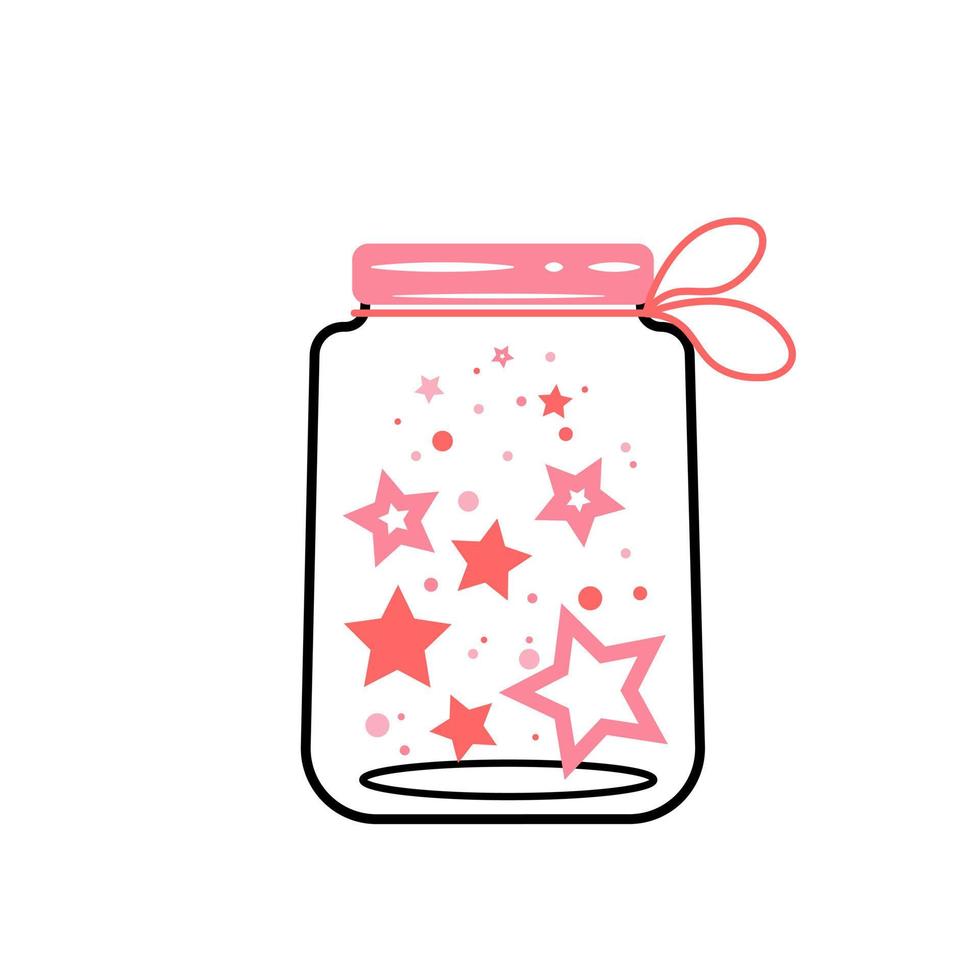 A charming jar with pink stars for St. Valentine's Day. Vector illustration in line art and flat style