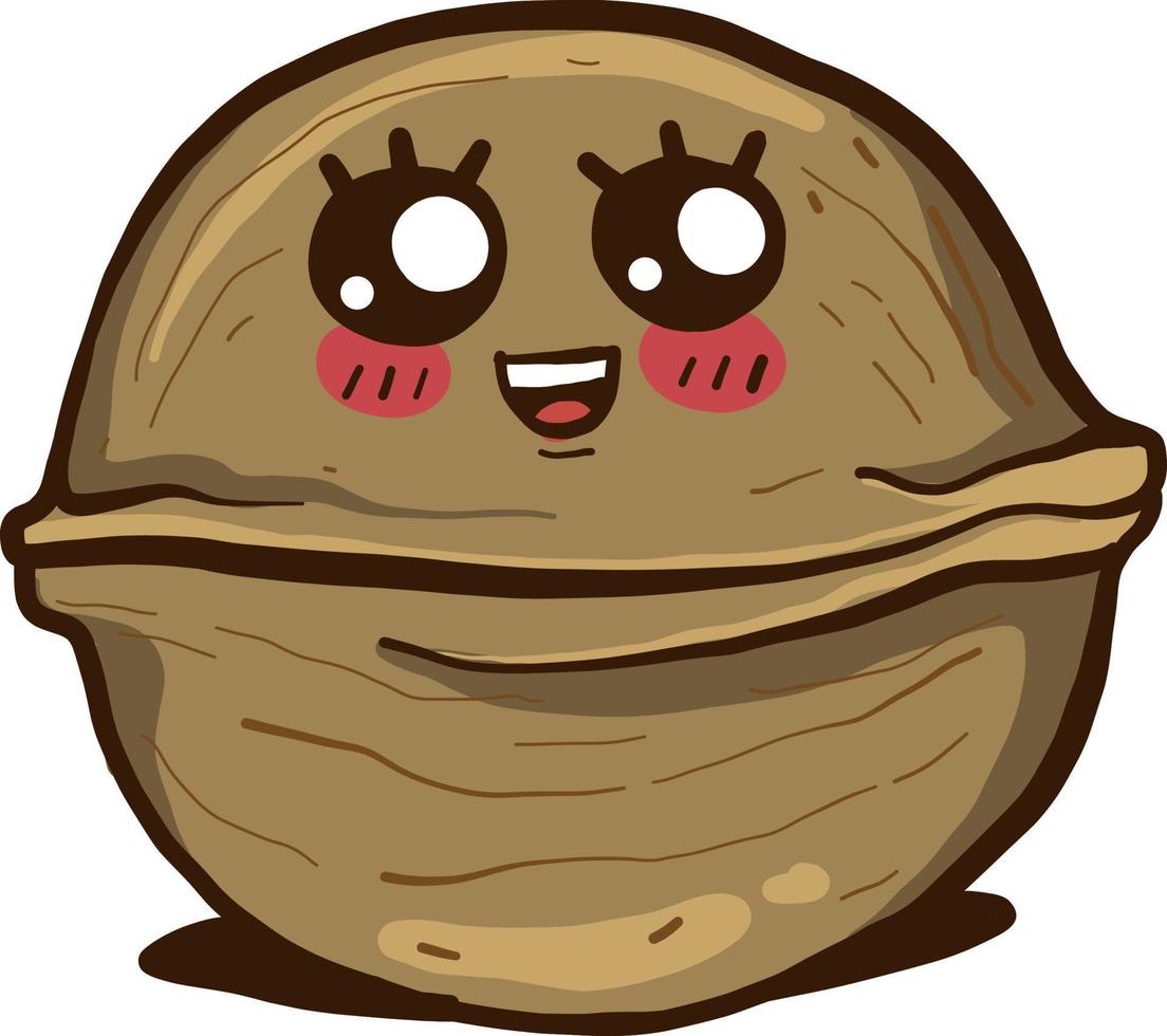 Cute walnut with a face, illustration, vector on a white background.