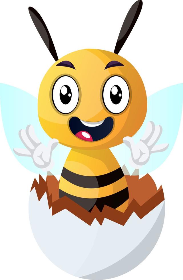 Bee ondeando desde huevo agrietado, ilustración, vector sobre fondo blanco.