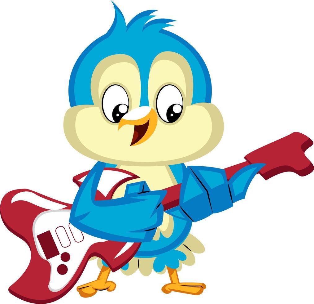 Blue bird is playing guitar, illustration, vector on white background.