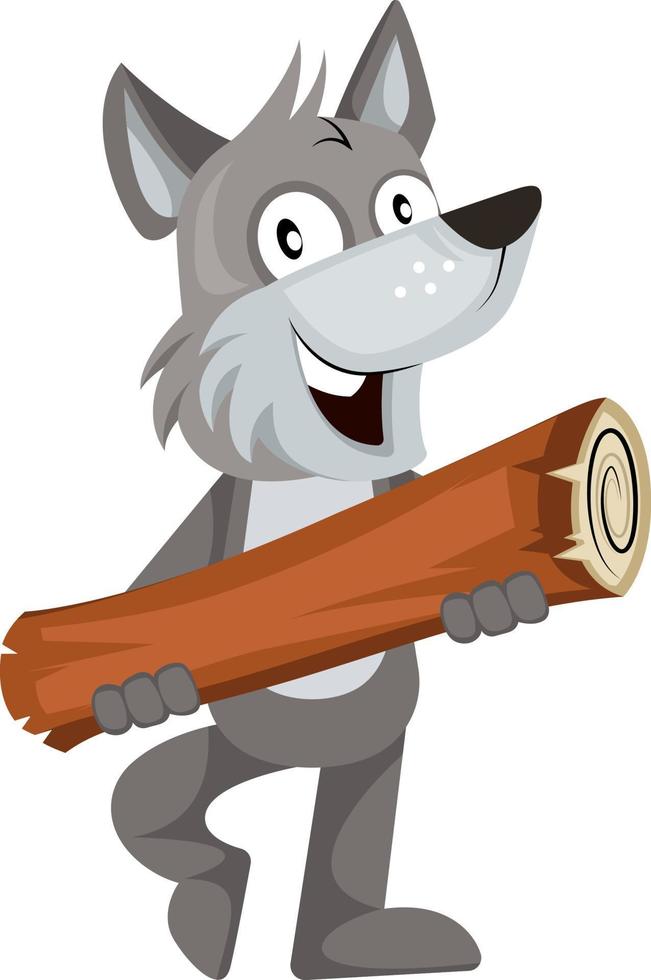 Wolf with log, illustration, vector on white background.