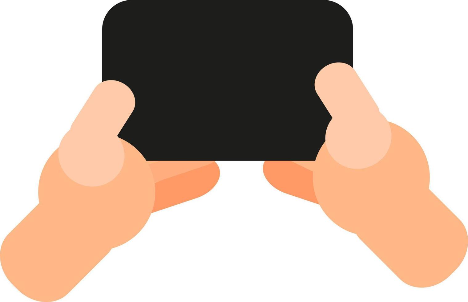 Holding phone with both hands, illustration, vector on a white background.