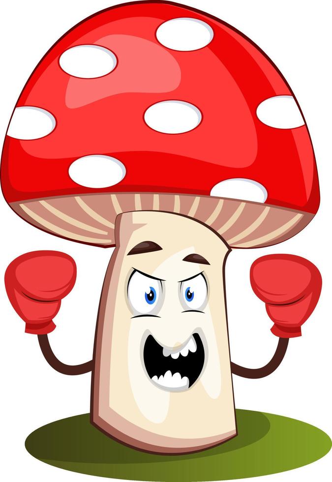 Mushroom with boxing gloves, illustration, vector on white background.