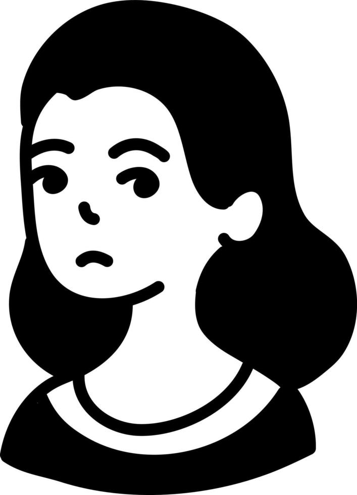 chica triste con cabello largo y oscuro, ilustración de icono, vector sobre fondo blanco