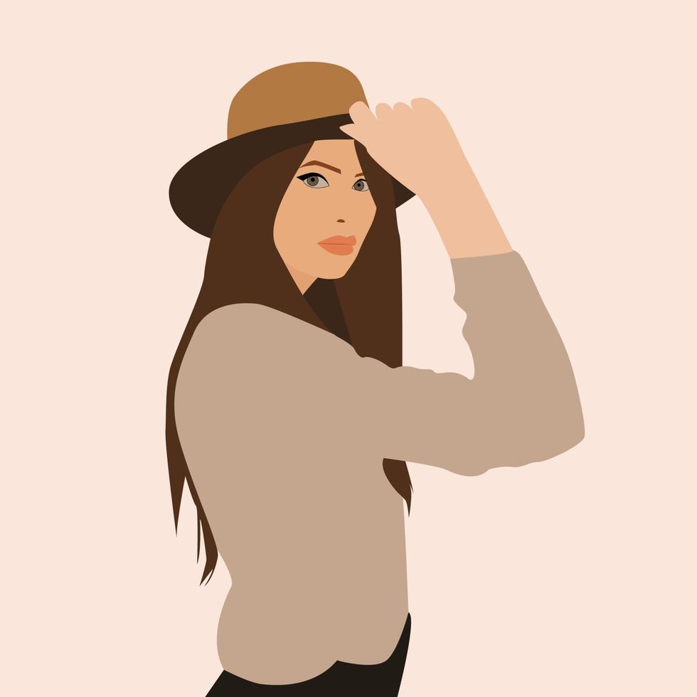 Chica sujetando sombrero, ilustración, vector sobre fondo blanco.