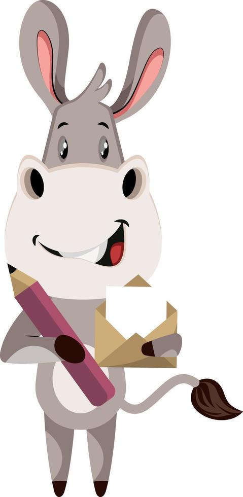 Donkey with envelope, illustration, vector on white background.