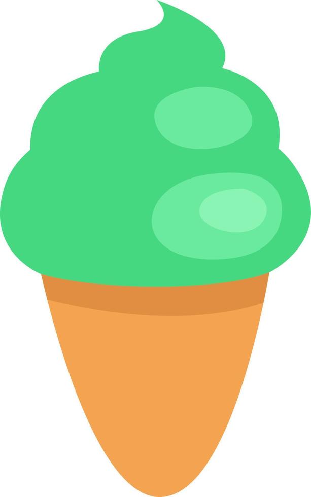 Delicious green ice cream in cone, illustration, vector on a white background.