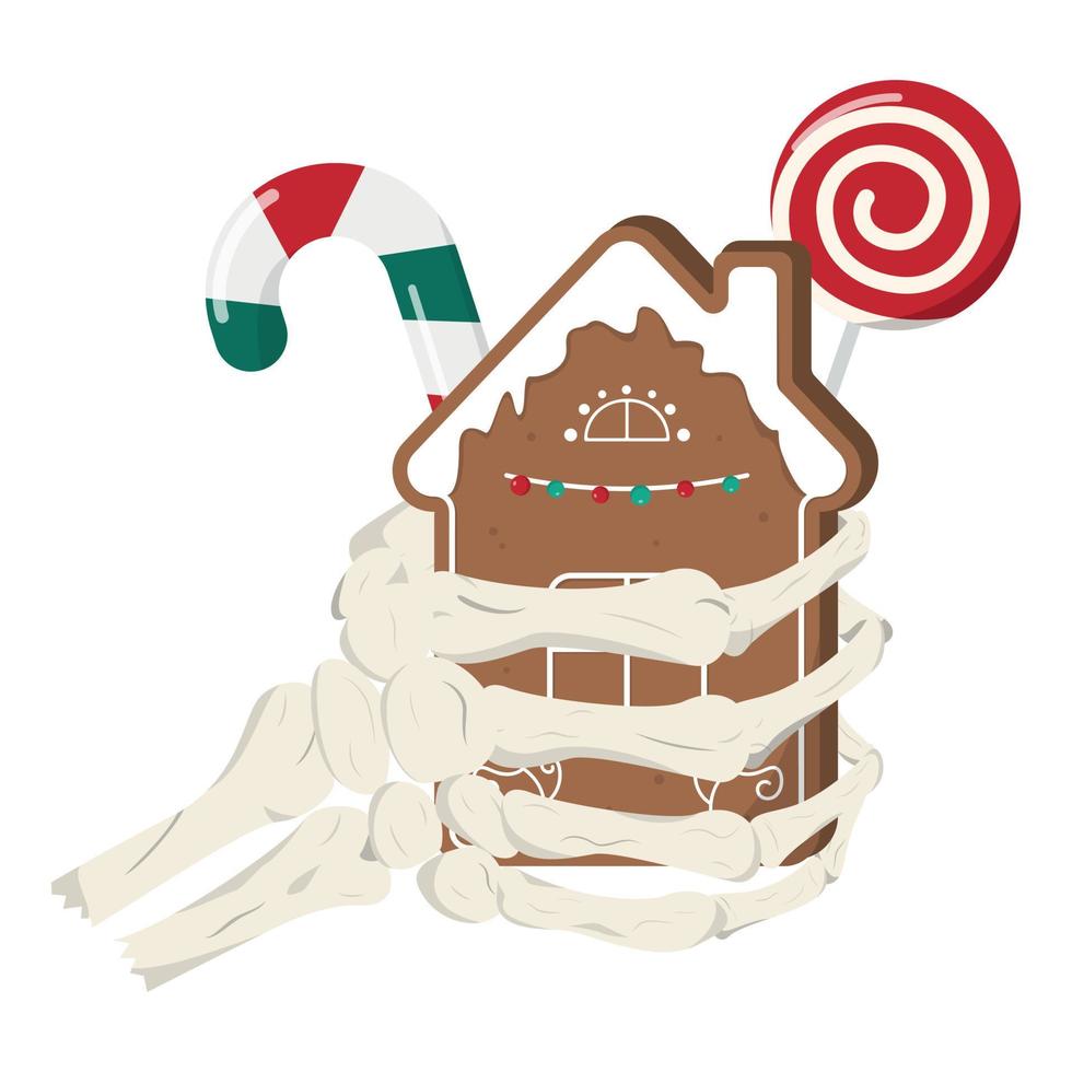 mano de esqueleto aterrador sosteniendo dulces de vacaciones de invierno. galleta, piruleta y bastón de caramelo. espeluznante ilustración navideña. aislado sobre fondo blanco. vector