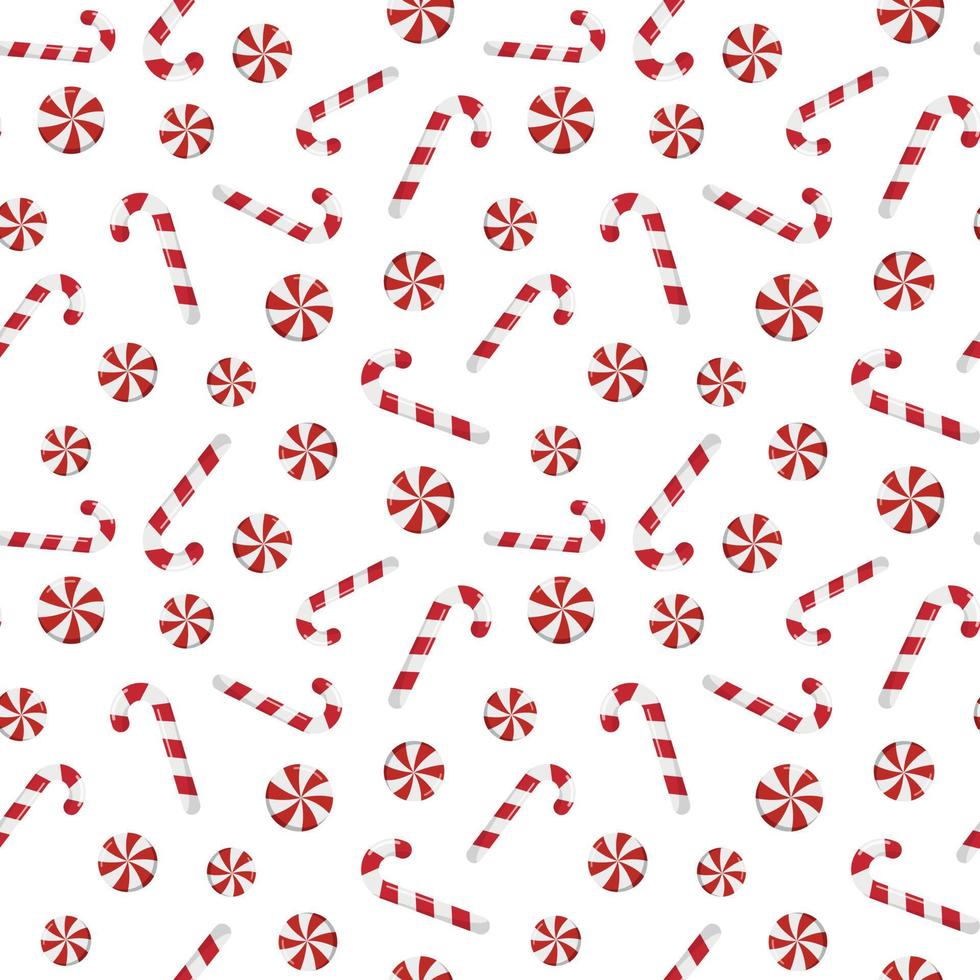 Festive Christmas wallpaper with candy canes and round swirl candy. Vector background for printing, winter holidays, greeting cards, fabric, textiles, and wrapping paper. Isolated on white background.