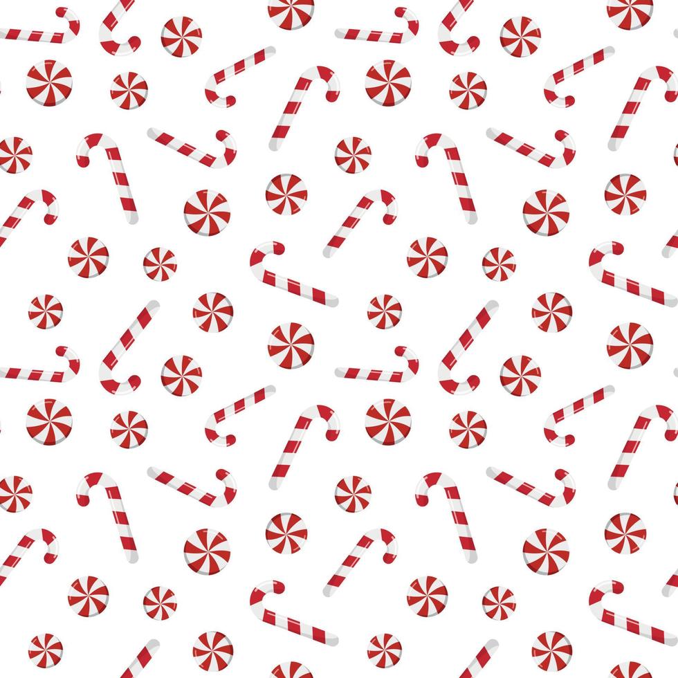 Festive Christmas wallpaper with candy canes and round swirl candy. Vector background for printing, winter holidays, greeting cards, fabric, textiles, and wrapping paper. Isolated on white background.