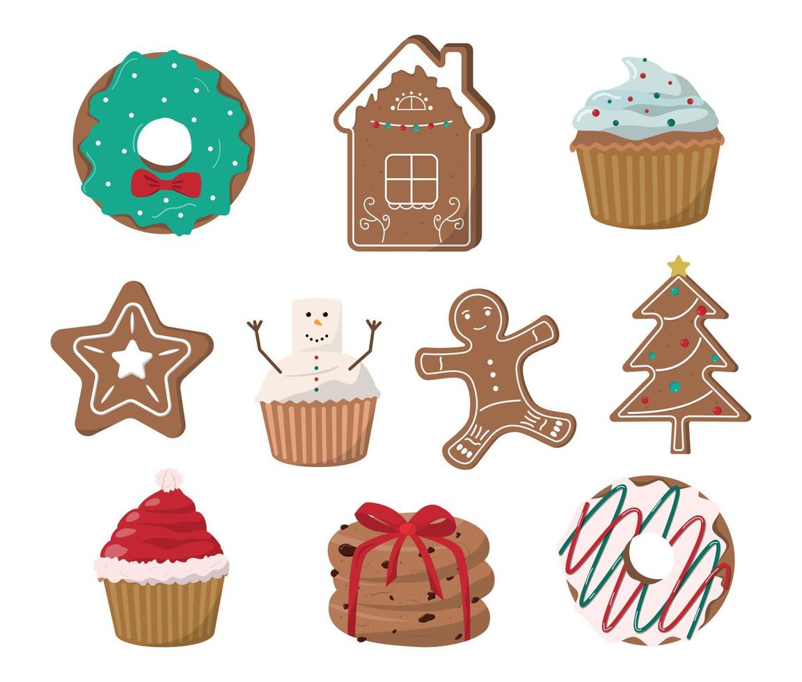 Cartoon Christmas bakery collection. Festive donuts, gingerbread cookies, and cupcakes. Isolated on white background. Winter seasonal sweets and desserts vector