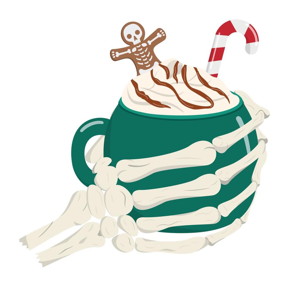 Cartoon skeleton hand holding a hot creamy drink with a gingerbread cookie and candy cane. Creepy Christmas illustration. Isolated on white background. vector