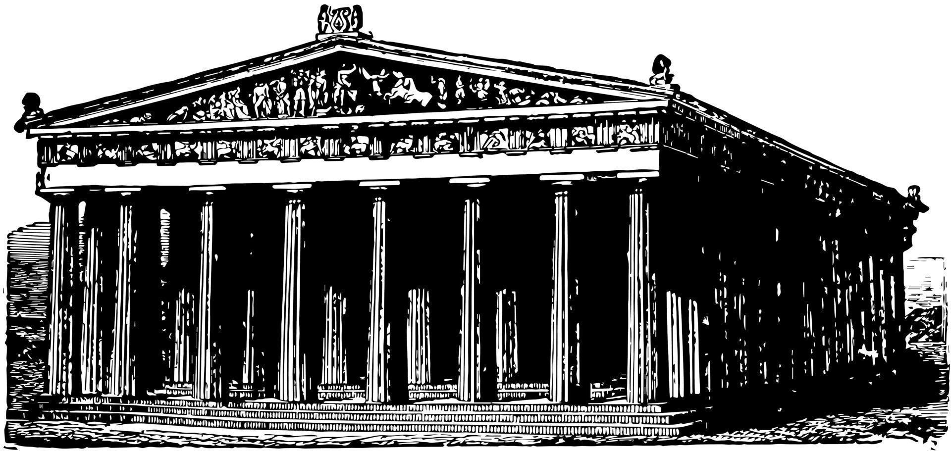 Parthenon, a celebrated temple at Athens, vintage engraving. vector