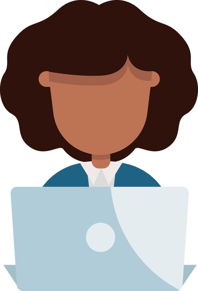 Girl with curly hair working on her laptop, illustration, vector on white background.