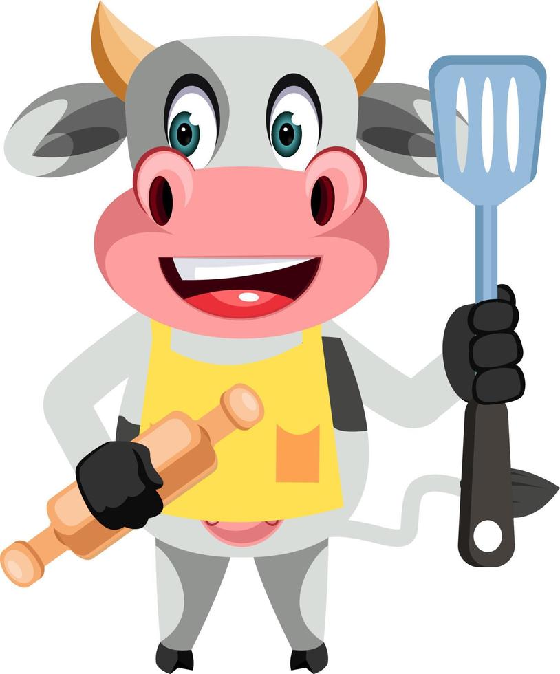 Cow with rolling pin, illustration, vector on white background.