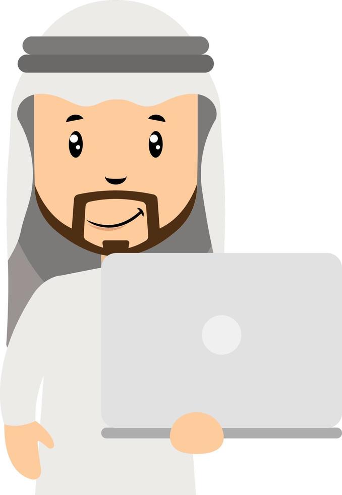 árabe con portátil blanco, ilustración, vector sobre fondo blanco.