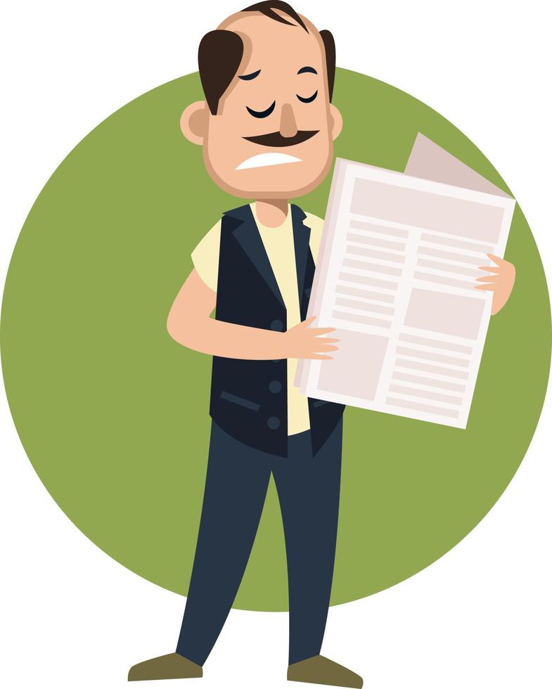 Man reading newspaper, illustration, vector on white background.