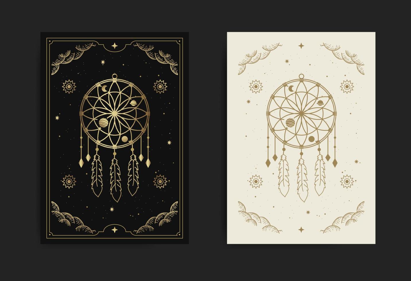 A dream catcher card with engraving, esoteric, boho, spiritual, geometric, astrology, magic themes, for tarot reader card Premium Vector