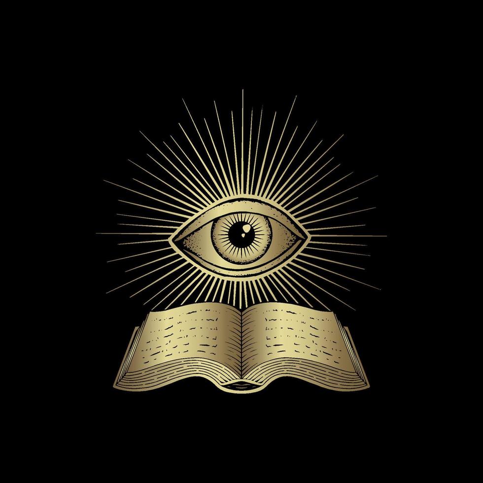 Ancient book and eye, one eye or third eye with engraving, luxury theme for tarot reader, card and poster vector