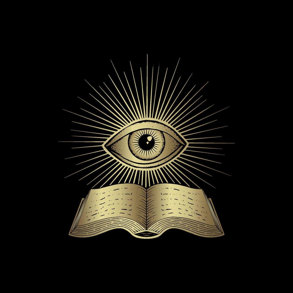 libro antiguo y ojo, un ojo o tercer ojo con grabado, tema de lujo para lector de tarot, tarjeta y afiche vector