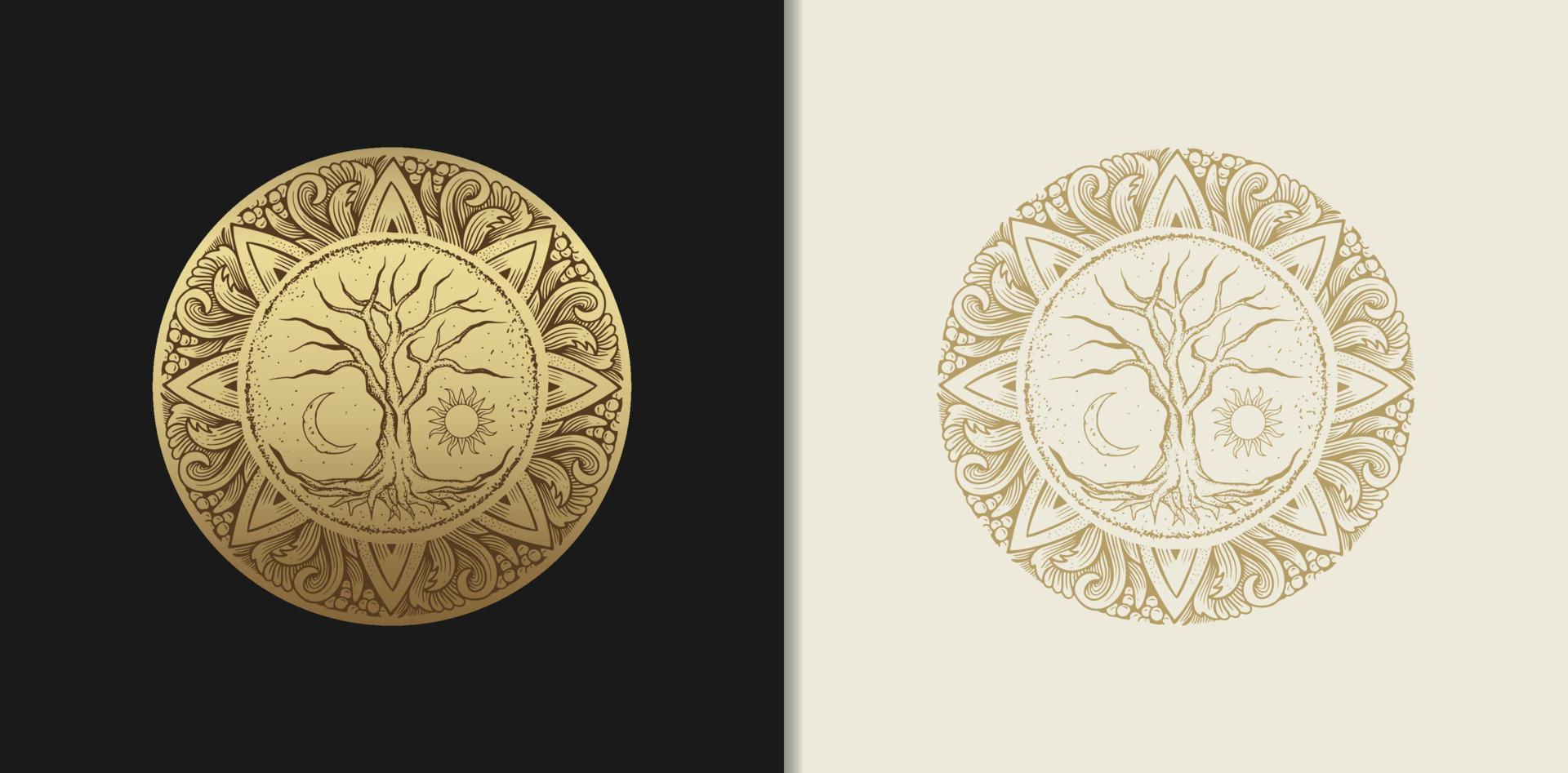 Tree of life with moon and sun with engraving, luxury theme for tarot reader, card, tattoo and poster vector
