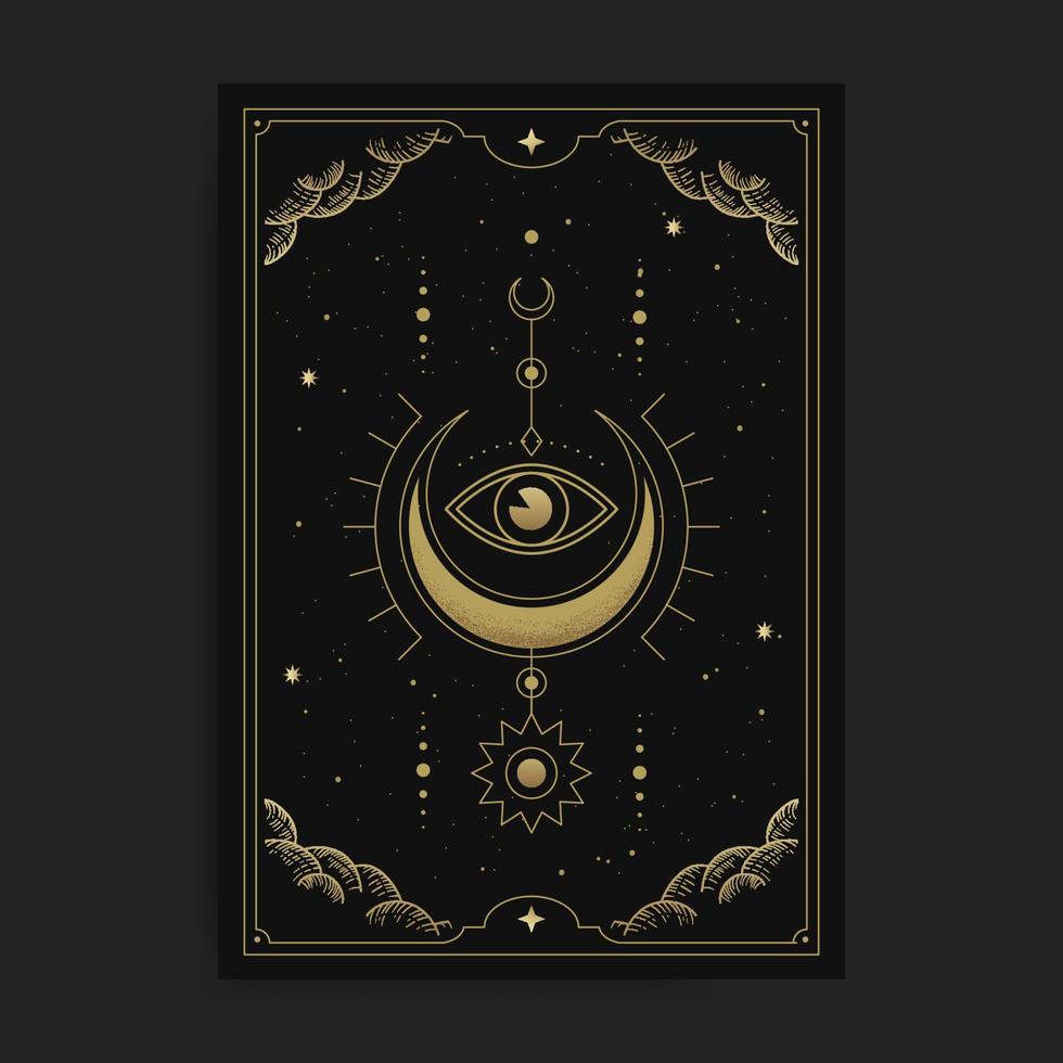 A crescent moon with the inner eye or one eye, card illustration with esoteric, boho, spiritual, geometric, astrology, magic themes, for tarot reader card or posters vector