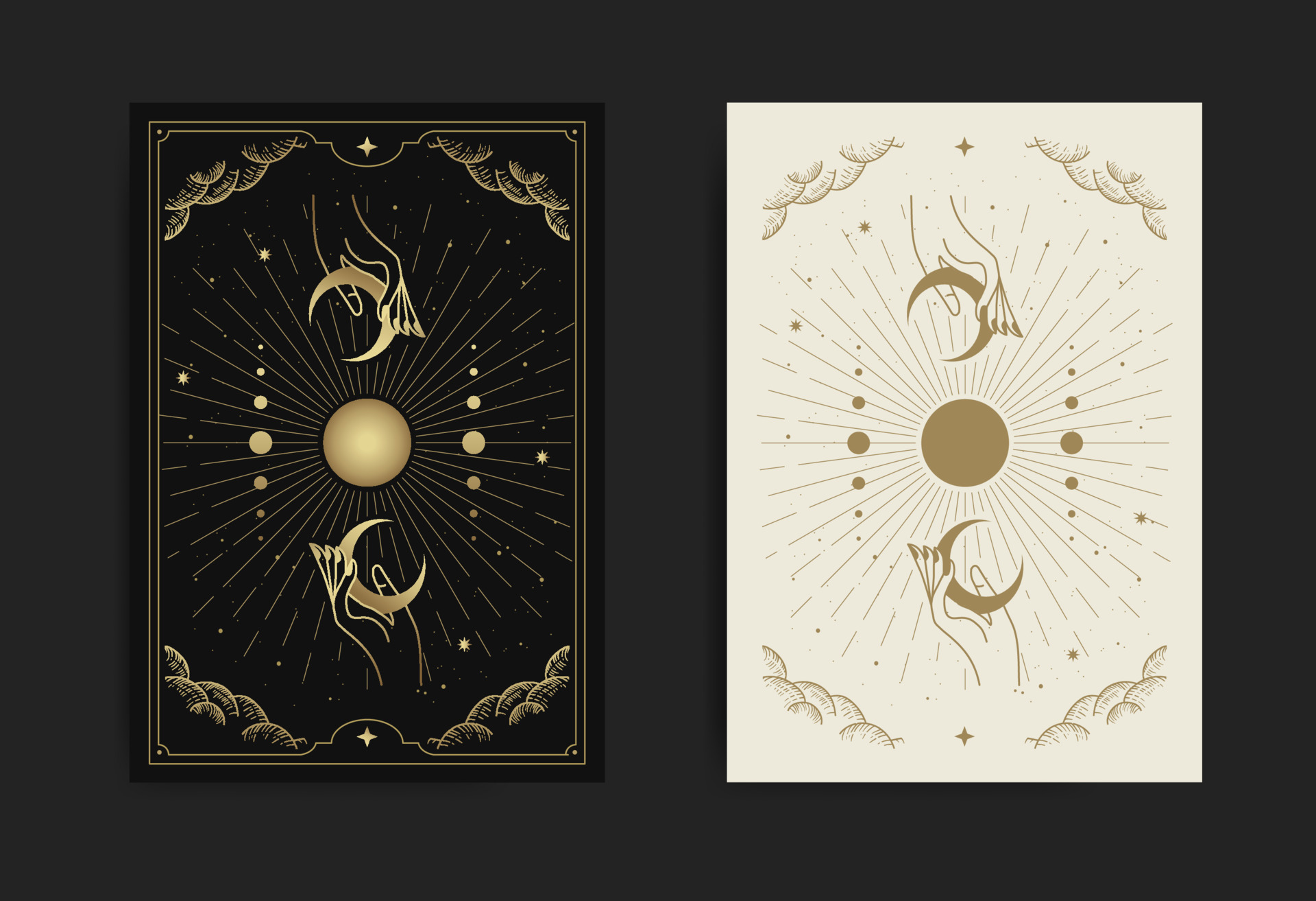 Magical hand and crescent moon card, with engraving, luxury, esoteric