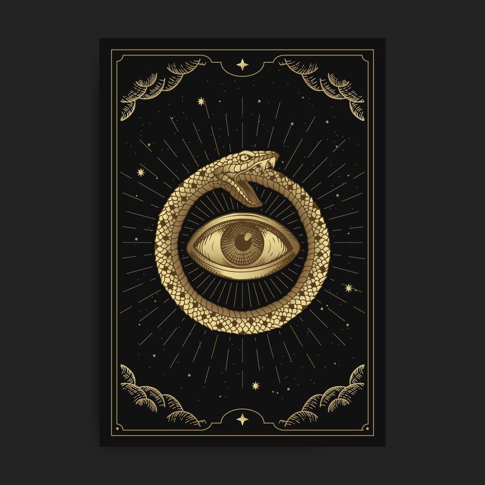 círculo de serpientes con ojos dentro de la carta del tarot con grabado, estilo lujoso y fondo decorado con cielo estrellado y nubes para lectores de tarot, cartas y afiches vector