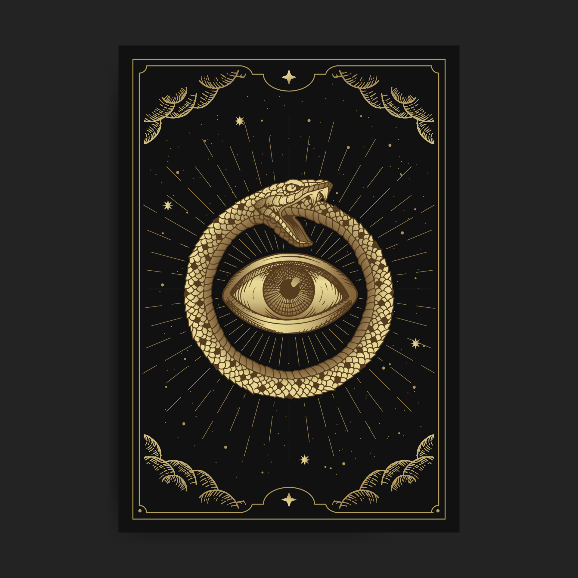 Circle of snakes with eyes inside in tarot card with engraving, luxury