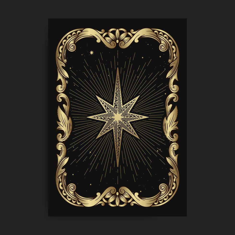 Vintage ornamental star card, with engraving, luxury, esoteric, boho, spiritual, geometric, astrology, magic themes, for tarot reader card. Premium Vector