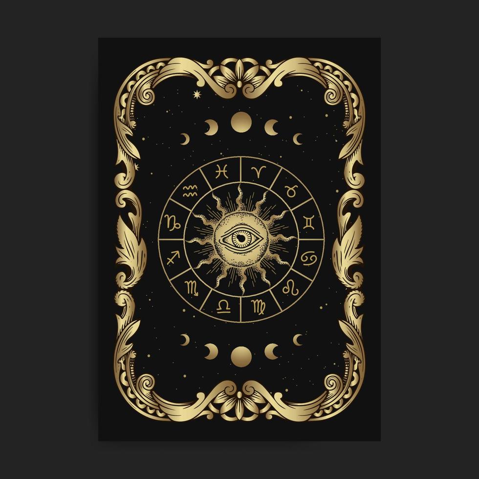 Vintage ornamental zodiac card wheel card, with engraving, luxury, esoteric, boho, spiritual, geometric, astrology, magic themes, for tarot reader card. Premium Vector