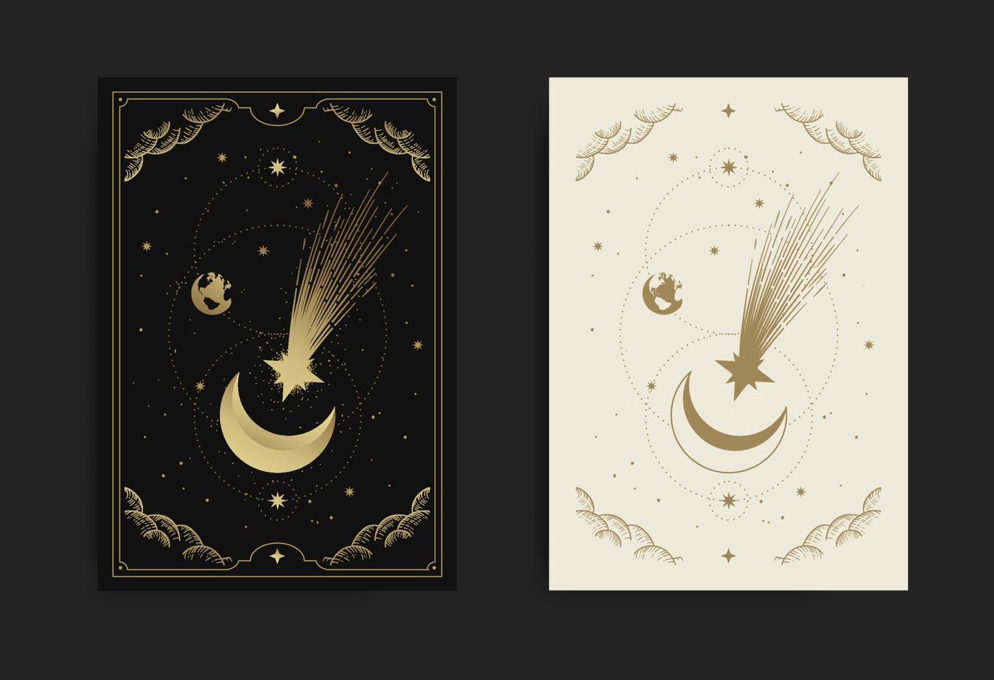 Crescent moon with shooting star card, with engraving luxury vector illustration style