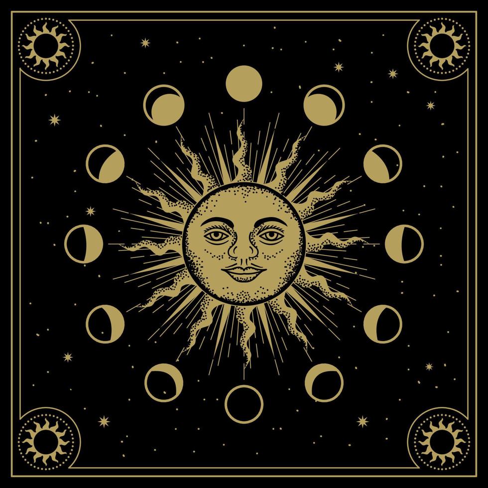 cara de sol con fases de órbitas lunares en arte lineal, grabado, tema de lujo para lector de tarot, tarjeta y afiche vector