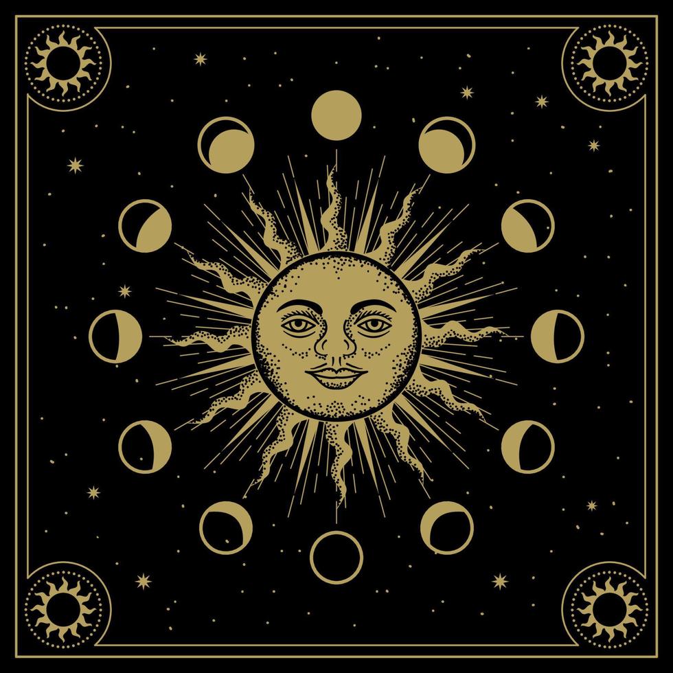 Sun face with moon orbits phases in line art, engraving, luxury theme for tarot reader, card and poster vector